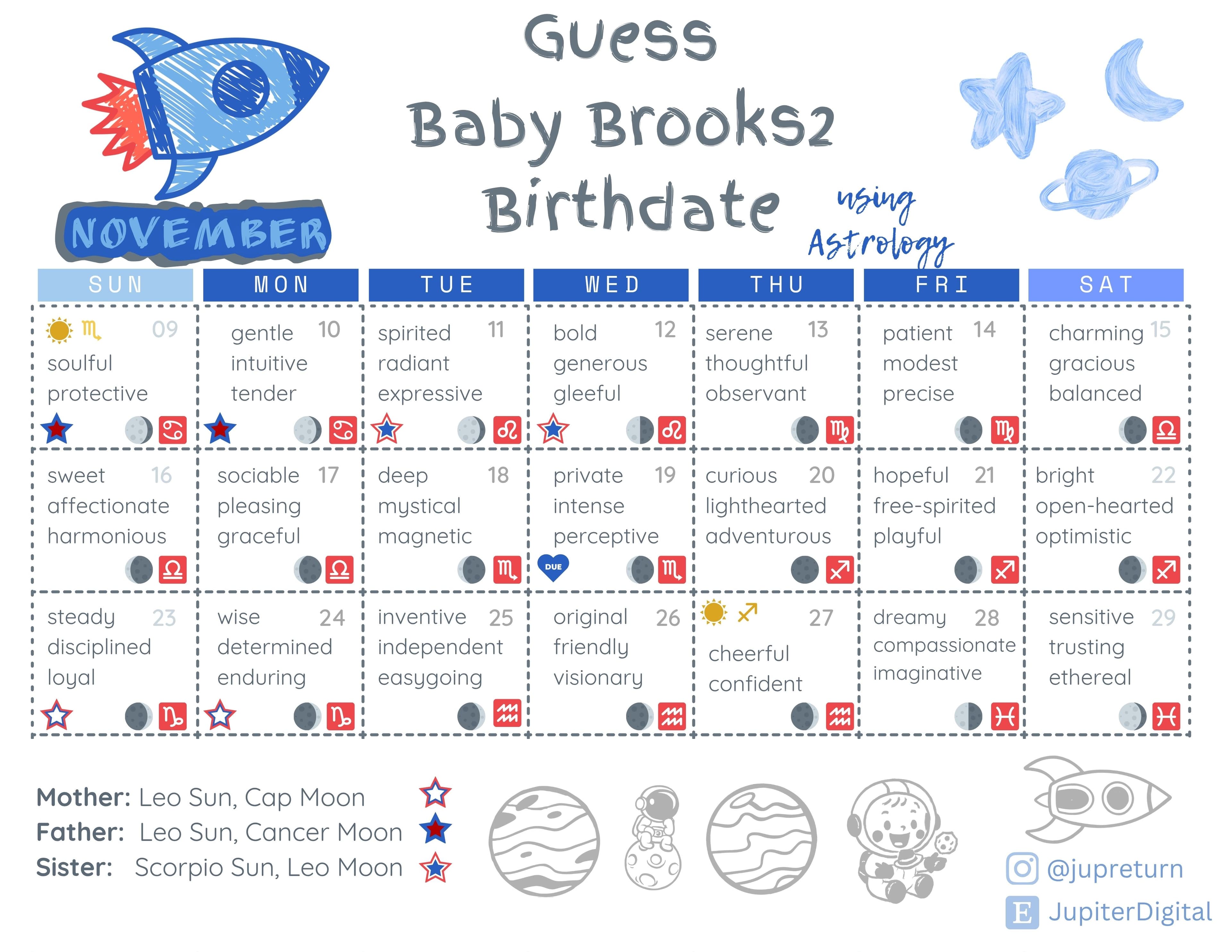 Baby shower astrological calendar example 1